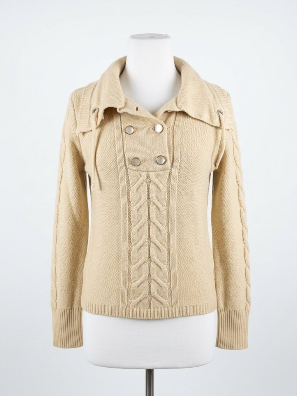 Tulle Cream Cable Knit Bib Button Sweater With Bell Sleeves